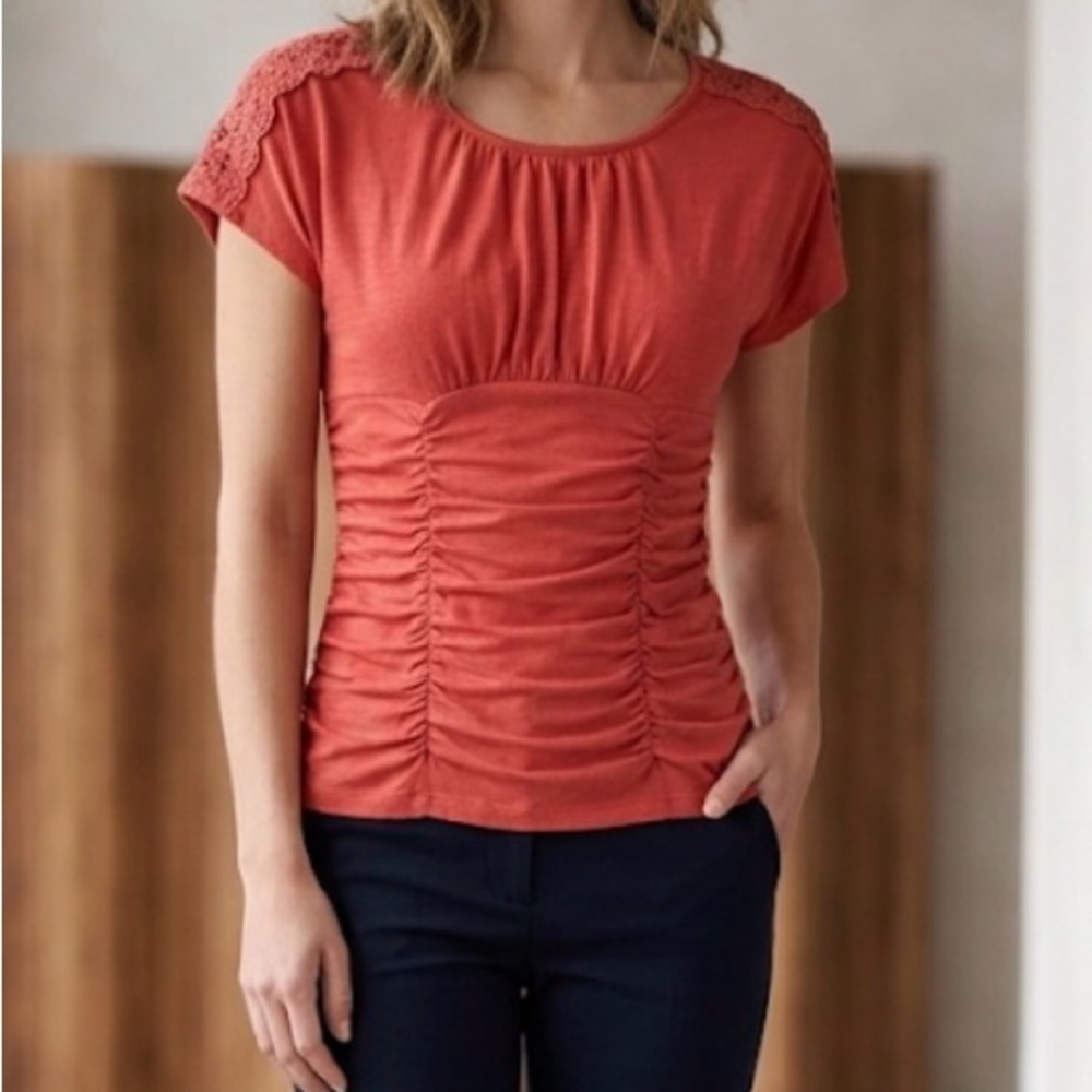 SOLD Byer California Orange Ruched Short Sleeve Top with Lace Shoulders
